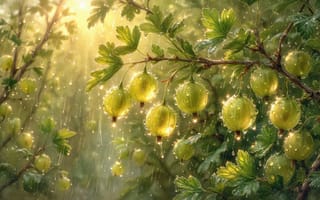 Картинка крыжовник, ягоды, свежесть, капли воды, утренний дождь, дождь, растительность, садоводство, зелень, солнечный свет, лето, ветка, атмосферная сцена, 4k, зелёный цвет, естественная красота, 1920 1080, ИИ, листья, природа, урожай, 2k, сверкающие капли, ботаника, нейросеть