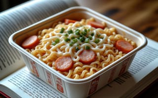 Картинка рамен, зелёный лук, еда и книга, кулинарная сцена, нейросеть, еда на книге, лапша в контейнере, кулинарное, ИИ, быстрый перекус, обеденный перерыв, лапша быстрого приготовления, сосиски в лапше, 4k, перекус, доширак, аппетитная лапша, обеденный стол, домашняя еда, упаковка лапши, кулинария, 1920 1080, азиатская кухня, контейнер с едой, 2k