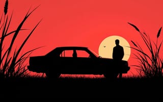 Картинка силуэт, автомобиль, вечерний пейзаж, поле, красные тона, размытый, силуэт героя, 1920 1080, красный закат, мужчина, ИИ, арт, художественная иллюстрация, минимализм, эстетика, закат, 2k, 4k, закатное солнце, нейросеть, природа, графика, закатное небо