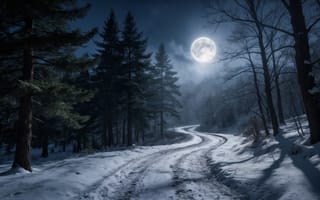 Картинка на открытом воздухе, небо, снег, ночное небо, ночь, лес, природа, дерево, облако, полнолуние, Луна, лунный свет, пейзаж, голое дерево, без людей