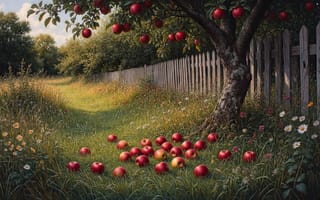 Картинка яблоня, яблоки, лето, нейросеть, плоды, пейзаж, цветы, натюрморт на природе, сад, поле, природа, деревенский уют, трава, 1920 1080, ромашки, сельская местность, ветви, ИИ, солнечный свет, 4k, зелёная листва, дикая растительность, 2k, урожай, забор