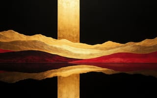 Картинка минимализм, абстракция, золотой цвет, красный цвет, арт, геометрия, контраст, 4k, художественная живопись, вертикальная линия, баланс, пейзаж, отражение, текстура, композиция, горы, 1920 1080, 2k, ИИ, абстрактный пейзаж, эстетика, черный, нейросеть, симметрия, современное искусство, художественная абстракция