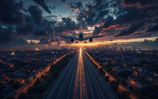 Картинка самолёт, взлёт, драматическое небо, трасса, траектория, взлётная полоса, огни, сумрак, аэропорт, транспорт, 1920 1080, облака, авиация, 4k, световые дорожки, архитектура, нейросеть, дорога, ИИ, горизонт, город, закат, небоскрёбы, перспектива, небо, HD, магистраль, 16:9, 2k, вечерний город, путешествие, городские огни, урбанистика, рабочий стол, полёт, пейзаж, высота