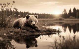 Картинка медведь, бурый медведь, природная красота, закат над водой, летний пейзаж, лес, отражение, дикая фауна, дикая местность, хвойный лес, 16:9, лесной пейзаж, рабочий стол, природа, животное, ИИ, зверь, берег, 4k, дикая экосистема, 2k, спокойствие, цветы, отражение в воде, сепия, медвежонок, водоём, 1920 1080, дикая природа, умиротворение, озеро, HD, фауна России, естественная среда, нейросеть, закат, трава