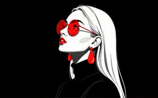Картинка иллюстрация, девушка, арт, контраст, мода, эстетика, длинные волосы, нейросеть, портрет, красные очки, аксессуары, красная помада, серьги, 16:9, женщина, гламур, причёска, красные серьги, художественный стиль, HD, солнцезащитные очки, элегантность, графика, профиль, 4k, макияж, ИИ, минимализм, дизайн, чёрно-белое, рабочий стол, 1920 1080, 2k, очки, стиль, ретро, визуализация