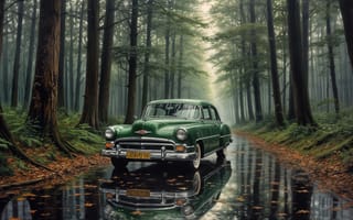 Картинка ретро-автомобиль, зелёный автомобиль, осенняя атмосфера, рабочий стол, 4k, туманный лес, ИИ, элегантность, старинный автомобиль, 2k, ретро-стиль, листва, винтажная машина, атмосфера уединения, живописный пейзаж, винтаж, дорога в лесу, путешествие, отражение в лужах, зелень, HD, мокрая дорога, нейросеть, ностальгия, 16:9, 1920х1080, классика, природа, лесной пейзаж, влажный асфальт, автопутешествие, высокие деревья, тишина леса