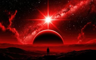 Картинка космос, красный космос, красная звезда, научно-фантастический стиль, 2k, космическая сцена, астрономия, красная галактика, красные облака, одинокая фигура, космическая атмосфера, 16:9, красная планета, нейросеть, 4k, межзвёздное пространство, фантастический пейзаж, космическая пыль, космическое искусство, звёздное небо, космическая эстетика, планетарный пейзаж, туманности, 1920х1080, рабочий стол, горизонт планеты, ИИ, звёздный свет, звёздные лучи, галактика, силуэт человека, инопланетный