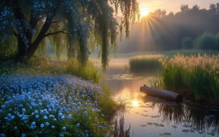 Картинка рассвет, ива, естественная красота, отражение, 1920 1080, солнечные лучи, флора, утренний пейзаж, 4k, незабудки, ИИ, плакучая ива, полевые цветы, 2k, берег, ландшафт, экосистема, туманная дымка, камыш, природа, пень, гармония, спокойствие, нейросеть, зелень, вода, утренняя идиллия, голубые цветы, пруд, трава, летний рассвет