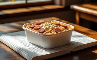 Картинка еда, обед, еда на ходу, атмосфера, деревянный стол, комфорт, нейросеть, книга, гастрономия, 4k, контейнер, повседневность, уют, чтение, стол, HD, быт, книжная эстетика, 1920х1080, завтрак, 2k, сосиски, перекус, быстрое приготовление, кулинария, открытая книга, трапеза, кулинарные моменты, кулинарная сцена, ланч, макароны, домашняя еда, свет из окна, ИИ, солнечный свет, интерьер, 16:9, рабочий стол
