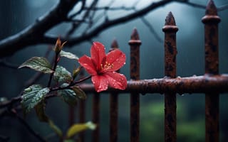 Картинка гибискус, цветок, капли воды, влажность, 2k, HD, дождь, 1920 1080, ограждение, романтика дождя, 16:9, растительность, рабочий стол, ветви, жизненный цикл, свежесть, символизм, красота, природа, 4k, нейросеть, естественная гармония, контраст, ландшафтная сцена, металл, дождливая погода, эстетика природы, ИИ, увядание, живописный кадр, атмосферная, старый забор, пейзаж, красный цветок, лепестки, зелень, ржавый забор