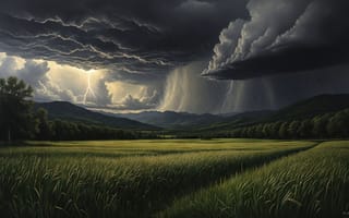 Картинка гроза, небо, деревья, дождь, горы, природная мощь, грозовое небо, ландшафт, погодные явления, облака, сельская местность, буря, 2k, тучи, драматичный пейзаж, природа, стихийная красота, рабочий стол, 1920 1080, ИИ, контраст, сельская идиллия, шторм, 4k, пейзаж, горизонт, нейросеть, пшеница, свет и тень, молния, HD, атмосферная сцена, поле, 16:9, зелень, сельскохозяйственные угодья
