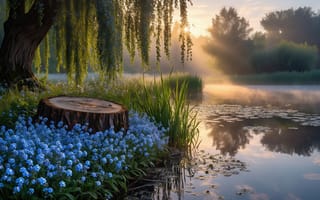 Картинка ива, плакучая ива, пень, пейзаж, утренний свет, зелень, красота природы, туман, кувшинка, растительность, нейросеть, утренний пейзаж, озеро, спокойствие, берег, деревья, 4k, умиротворение, 1920х1080, дымка, солнечные лучи, водная гладь, роса, рассвет, отражение, водоём, зеркальная вода, синие цветы, свежесть, HD, 16:9, природа, лес, флора, цветочная поляна, ИИ, рабочий стол, 2k