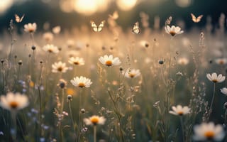 Картинка ромашки, поле, ботаника, луг, солнечный свет, закат, лето, 2k, стебли, пейзаж, 4k, ИИ, природа, гармония, 1920 1080, 16:9, полевые цветы, соцветия, свет и тень, рабочий стол, красота природы, естественная красота, эстетика, зелень, утренний свет, спокойствие, флора, растительность, дикая природа, нежность, цветы, воздушная атмосфера, романтика, HD, бабочки, умиротворение, нейросеть
