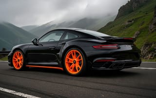 Картинка Porsche, 911 Turbo S, горные серпантины, HD, спортивные линии, купе, 1920х1080, аэродинамика, 4k, стиль, горная дорога, автомобильный драйв, мощь двигателя, роскошь, рабочий стол, туманные горы, динамика, 2k, живописный маршрут, автомобильный экстрим, нейросеть, чёрный автомобиль, ИИ, оранжевые диски, спорткар, дорога в облаках, извилистая трасса, элегантность, 16:9, дорожные приключения, автомобильный шик, мощь, премиальный сегмент, автомобильный пейзаж, скорость