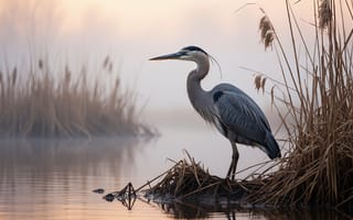 Картинка цапля, большая голубая цапля, тростниковая заросль, перья, экосистема, природа, длинноногая птица, спокойствие, золотистый свет, длинные ноги, туман, берег, красота природы, птица, камыши, клюв, дикая природа, пейзаж, камыш, вода, природная гармония, зорька, болотная птица, рассвет, отражение, тростник, водоём, утренняя сцена, фауна, тишина, естественная среда, водно-болотные угодья