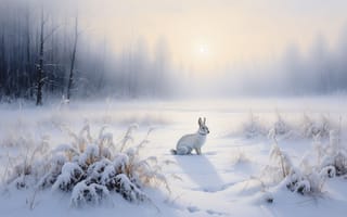 Картинка зима, снег, лес, зимний лес, 2k, нейросеть, 1920 1080, спокойствие, трава под снегом, природа, поле, беляк, 4k, заяц, мороз, туман, заснеженный пейзаж, дикая природа, тишина, солнечный свет, заснеженные кусты, ИИ, следы на снегу, рассвет, морозное утро