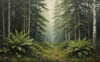 Картинка лес, папоротники, чаща, 1920 1080, сосны, спокойствие, 4k, ИИ, естественная красота, дорожка, 2k, туманная дымка, хвойный лес, нейросеть, дикая природа, берёзы, лесная тропа, хвойные деревья, лесной пейзаж, зелень, тропинка, туман, растительность, природа, утренний лес