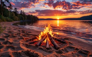 Картинка костёр, берег, озеро, закат, спокойствие, тёплые оттенки, водная гладь, 2k, небо, огонь, огненные краски, природная красота, природа, облака, романтика, сумеречный пейзаж, хвойные деревья, вечер, нейросеть, умиротворение, трава, закатное небо, пейзаж, ИИ, 1920 1080, отражение, пляжная сцена, песок, линия горизонта, отдых на природе, 4k