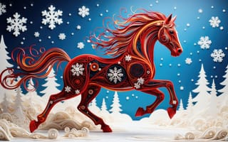 Картинка лошадь, красная лошадь, новогодний мотив, зимний лес, Квиллинг, орнаментальная лошадь, бумажная графика, снежные узоры, зимний пейзаж, художественная композиция, Новогодняя зима, снег, арт, ёлки, витиеватые линии, Новогодние фоны 2026, 2k, 4k, ИИ, нейросеть, декоративные элементы, завитки, новогодний пейзаж, узоры, бег, динамика, 1920 1080, стилизованная лошадь, зимний мотив, снежинки