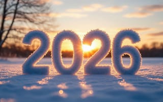 Картинка 2026, зимний пейзаж, ИИ, новогодний мотив, морозная атмосфера, новогодний, эстетика зимы, морозные узоры, закат, символика года, солнечный свет, деревья, нейросеть, 4k, год на снегу, цифры из снега, новогодние мотивы, сияние, снег, Новогодняя зима, Новогодние фоны 2026, праздничная эстетика, 1920 1080, 2k, оранжевый градиент, природа, пейзаж на закате, холодные тона, новогодний пейзаж, иней, снежный, зимний закат, рассвет