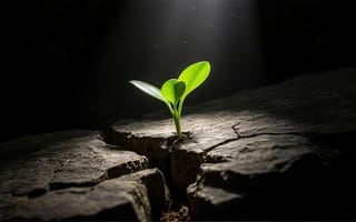 Картинка росток, растение, преодоление, развитие, рабочий стол, ИИ, 1920х1080, свет, символ надежды, 16:9, сила жизни, луч света, камень, трещина, пробуждение, борьба, мотивация, зелень, HD, асфальт, корни, темнота, освещение, рост, стойкость, вдохновение, 4k, контраст, сила природы, листья, жизнестойкость, выживание, надежда, природа, упорство, 2k, нейросеть, выживание в экстремальных условиях
