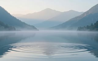 Картинка горы, озеро, прохлада, спокойствие, рабочий стол, спокойствие воды, горное озеро, склоны, отражение, утренняя атмосфера, живописный вид, HD, горный пейзаж, 4k, рассвет, дымка, природа, рябь, ИИ, естественная красота, свежесть, ландшафт, круговые волны, красота природы, утренний пейзаж, нейросеть, 16:9, лес, умиротворение, 2k, гармония, туман, отражение гор, тишина, 1920х1080, утренний туман, вода