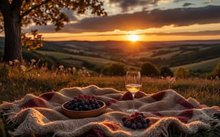 Картинка пикник, закат, 1920 1080, ИИ, плед, умиротворение, трава, поле, 2k, сельская местность, 4k, бокал вина, романтика, отдых на природе, цветы, тёплый свет, летний вечер, белое вино, дерево, живописный пейзаж, спокойствие, холмы, нейросеть, виноград, природа