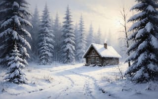 Картинка зимний пейзаж, заснеженный лес, спокойствие природы, морозная атмосфера, снег, дым из трубы, 4k, лесной уют, нейросеть, уединённый домик, деревенская изба, зимний лес, хвойные деревья, заснеженные ветви, заснеженная тропинка, ИИ, 2k, русская зима, морозный свет, следы на снегу, зимняя тишина, деревенский домик, сугробы, 1920 1080, бревенчатая избушка