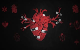 Картинка сердце, анатомия, здоровье, медицина, арт, чувства, 2k, ИИ, психология, кардиология, исцеление, рисунок, минимализм, символизм, черный, кардио, красный, нейросеть, графика, боль, пластырь, 1920х1080, 4k, рабочий стол, HD, травма, знаки, концепт, любовь