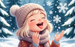 Картинка зима, девочка, нейросеть, зимняя идиллия, зимний лес, счастье, заснеженный лес, открытый рот, детство, ИИ, Новогодняя зима, зимний пейзаж, показывает язык, весёлое настроение, мороз, природа, веселье, 2k, светлые волосы, радость, 1920 1080, 4k