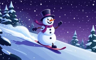 Картинка снеговик, зимний пейзаж, Новогодние фоны, новогодняя атмосфера, 2k, шарф, мультяшный стиль, снег, зимний лес, ели, варежки, заснеженный лес, падающий снег, катание на сноуборде, сноуборд, оранжевая морковка-нос, зимний спорт, цилиндр на снеговике, 1920 1080, Новогодняя зима, 4k, ночное небо, нейросеть, заснеженный, улыбка снеговика, ИИ, весёлый снеговик, фиолетовое небо, снеговик на сноуборде