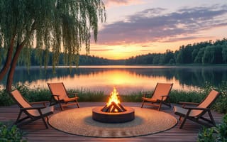 Картинка костёр, терраса, лес, пейзаж, огонь, плакучая ива, горизонт, озеро, отдых, облака, круглый коврик, водная гладь, закат, зелень, берег, 2k, 1920 1080, нейросеть, деревянные кресла, отражение, умиротворение, природа, шезлонги, 4k, ИИ, вечер, небо, тёплые оттенки, расслабление, спокойствие