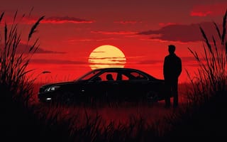 Картинка закат, солнце, дорога на закате, силуэт, иллюстрация, силуэт человека, тёмные тона, человек, ИИ, художественная графика, закатное небо, романтика, небо, силуэт машины, вечер, машина, спокойствие, поле, красный закат, дорога, арт, 2k, нейросеть, трава, пейзаж, атмосфера, автомобиль, эстетика, 1920 1080, 4k, природа, облака, стилизованный арт, тени