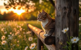 Картинка кот, кошка, созерцание, природа, сельская местность, полосатая кошка, тёплый свет, усатая красавица, животные, летний вечер, фотоживопись, 1920 1080, нейросеть, 4k, сельская идиллия, ИИ, размытый, солнце, забор, поле, ромашка, цветы, 2k, пейзаж, закат, спокойствие, умиротворение, деревянный забор