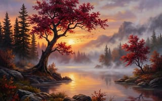 Картинка закат, осень, вечер, озеро