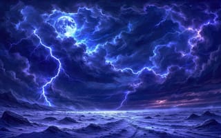 Картинка молния, гроза, 1920 1080, Луна, шторм, синий цвет, нейросеть, пейзаж, ИИ, мощь природы, природа, драматичный пейзаж, фантастический пейзаж, стихия, тьма, облака, 4k, разряды, небесное шоу, буря, ночное небо, 2k, небесная сцена, электричество, атмосфера напряжения