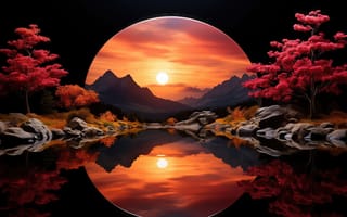 Картинка закат, пейзаж, живописный вид, симметрия, 4k, нейросеть, ИИ, природный ландшафт, камни, озеро, спокойствие, горный хребет, горы, оранжевое небо, 2k, тёплые тона, растительность, осень, 1920 1080, красота природы, зеркальная гладь, алые деревья, природа, отражение, художественная композиция