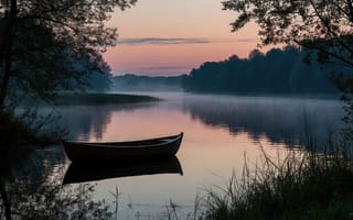 Картинка лодка, деревянная лодка, зеркальная вода, гармония, пейзаж, деревенский пейзаж, лето, трава у берега, умиротворение, 2k, 4k, 16:9, путешествие, рабочий стол, нейросеть, камыши, дикая природа, рыбалка, HD, предрассветный час, розовый закат