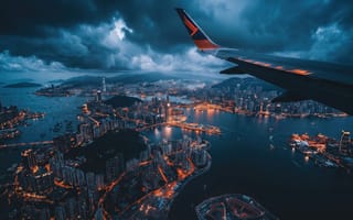Картинка самолет, вид из иллюминатора, темные облака, штормовое небо, нейросеть, пролив виктория, полет, 1920х1080, драма, путешествие, облака, контраст цветов, крыло самолета, ИИ, мегаполис, гонконг, авиация, туризм, 16:9, ночной город, вечер, оранжевый свет