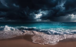 Картинка океан, море, буря, бесшовный, рабочий стол, береговая линия, грозовые тучи, 2k, динамика, пляж, рендеринг, Двойной UHD, лучи света, контраст, стихия, 4k, лазурные волны, заставка, морская пена, темные облака, Марина, для двух мониторов, песок