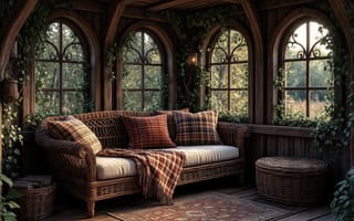 Картинка интерьер, веранда, экостиль, диван, природа за окном, зелёные лианы, ковёр, ИИ, 1920 1080, тёплые оттенки, ротанг, деревянные стены, деревенский стиль, уголок для отдыха, кованые решётки, плед, арочные окна, подушки, нейросеть, текстиль, уют, 2k, клетчатый узор, плетёная мебель, 4k