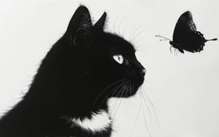 Картинка кот, чёрный кот, рабочий стол, чёрная бабочка, композиция, застывшее время, момент, профиль кота, чёрно-белое, тишина, нейросеть, полёт бабочки, животные, 16:9, грация, профиль, HD, свет, природа, спокойствие, бабочка, изящество, динамика, красота