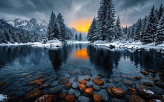 Картинка зимний пейзаж, горное озеро, 4k, каменистое дно, дикая природа, цифровая графика, зимний рассвет, нейросеть, золотое солнце, гармония, сосны, концепт арт, путешествие, 16:9, оранжевый закат, туризм, рабочий стол, ИИ, реализм, умиротворение
