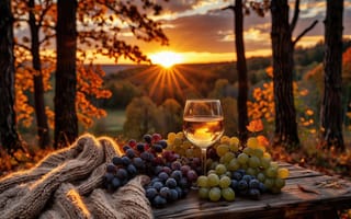 Картинка осень, закат, фотозона, ИИ, естественная красота, лучи, атмосфера, уют, 1920 1080, лес, солнце, композиция, золотистые тона, вино, романтика, вечер, 2k, листва, пейзаж, виноград, гроздья, отдых, деревья, деревянная поверхность, 4k, нейросеть, сельская идиллия, ягоды, плед, природа, бокал, гармония, натюрморт, спокойствие, тёплые оттенки