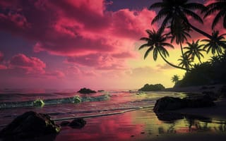 Картинка на открытом воздухе, небо, отражение, горизонт, пейзаж, облако, облачное небо, океан, рок, пальмы, пляж, закат, вода, голландский угол, дерево, без людей