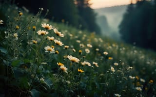 Картинка ромашки, поле, полевые цветы, растительность, природный, трава, закатное освещение, луг, летний закат, флора, 4k, естественная красота, летний пейзаж, 1920 1080, 2k, цветы, туманная даль, мягкий свет, лес на горизонте, жёлтые сердцевины, спокойствие, нейросеть, белые ромашки, природа, ботанический пейзаж, ИИ, ромашковое поле, зелень, умиротворение