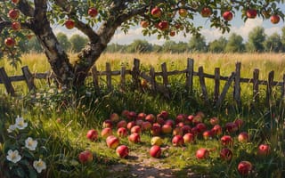 Картинка яблоня, яблоки, яблочная россыпь, спелые плоды, 1920 1080, сельскохозяйственный ландшафт, плодовое дерево, деревенский пейзаж, тёплая атмосфера, нейросеть, 2k, сельский забор, трава, цветы, сельская местность, лето, картина, урожай, солнечный свет, сад, 4k, солнце, ИИ, забор, яблоневый сад, деревенская идиллия, природа, ботанический пейзаж, падалица, зелень