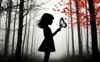 Картинка бабочка, лес, тёмный силуэт, осенний лес, ИИ, 1920 1080, 2k, романтичный пейзаж, эстетика природы, красные листья, природа, контраст, игра света и тени, 4k, детская фигура, мистическая атмосфера, художественный арт, чёрно-белая гамма, загадочность, нейросеть, силуэт девочки, волшебный лес, туман, художественная композиция, мотив природы