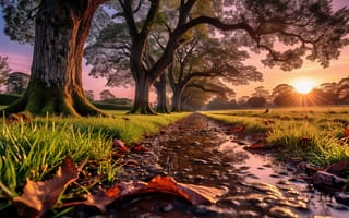 Картинка природа, пейзаж, листья, аллея, мох, лучи, 2k, 4k, экосистема, 1920 1080, естественная сцена, ландшафт, ИИ, ручей, умиротворение, деревья, лесной пейзаж, кора, спокойствие, трава, закат, утренний свет, отражение, тропинка, золотистое освещение, осень, дорожка, свет, солнце, влажная земля, тени, нейросеть, закатное небо, зелёная трава, природная красота