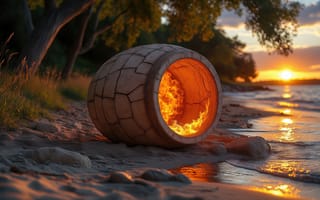 Картинка огонь, закат, 4k, керамический тандыр, ИИ, очаг, вечер, открытый огонь, прибрежный пейзаж, летний закат, 2k, тандыр, река, пейзаж, отражение солнца, деревья, камни, песчаный берег, пламя, 1920 1080, закатное солнце, природа, нейросеть, волны, природная красота, умиротворение, берег, вода, глиняная печь, тепло